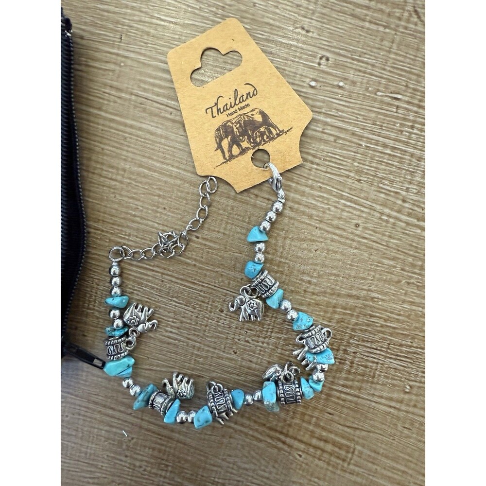 Bracelet Handmade Elephants silver and torquiose charms Thailand with Gift bag